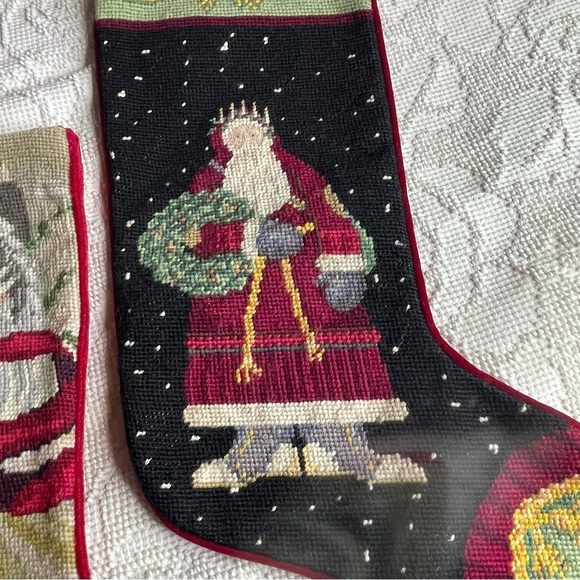 Set of 3 Vintage Needlepoint Velvet Christmas Stockings Santa and Angel Wool - Picture 2 of 8